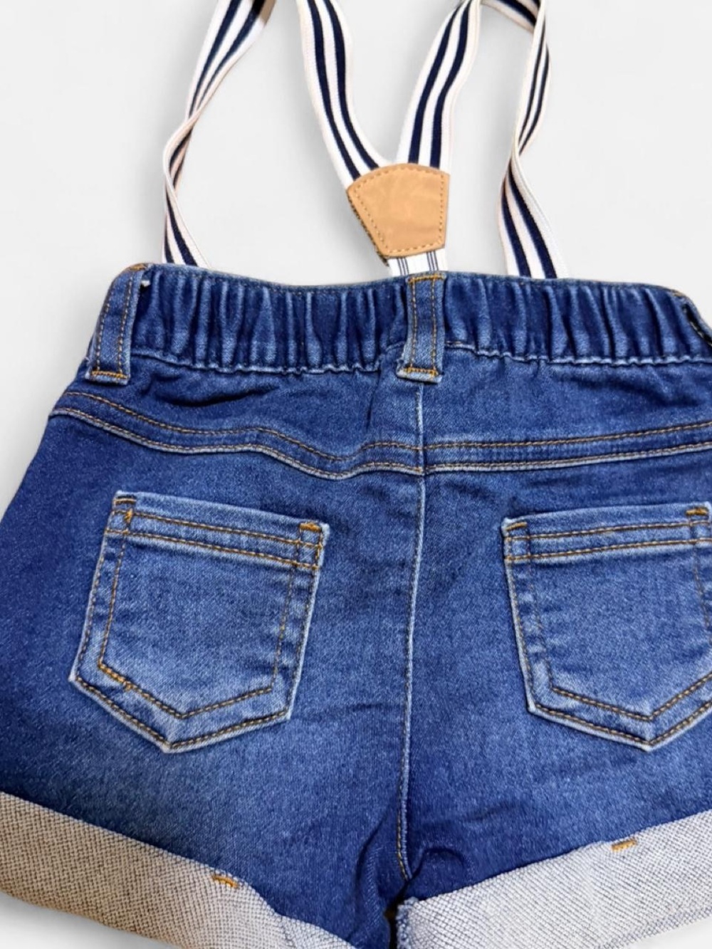 Cat & Jack Blue Denim Shorts Romper with Striped Suspenders